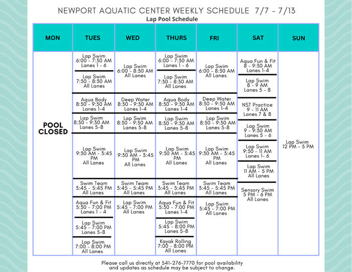 Lap Pool Schedule 7.7 - 7.13