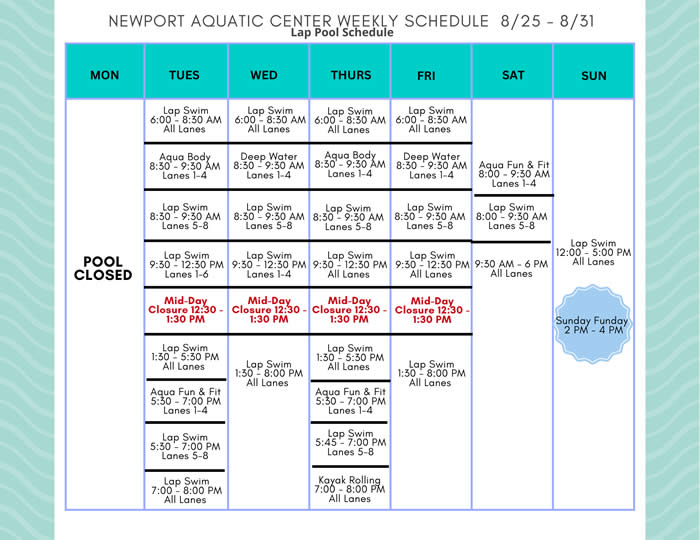 Lap Pool Schedule 8.25 - 8.31