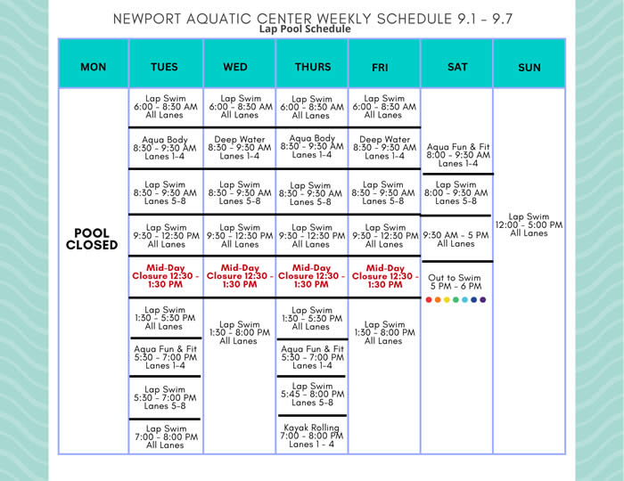 Lap Pool Schedule 9.1 - 9.7