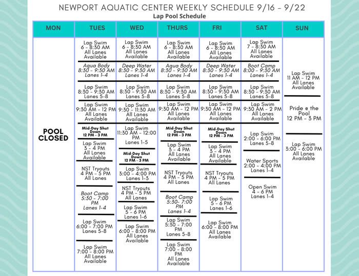 Lap Pool Schedule week of 9-16-24