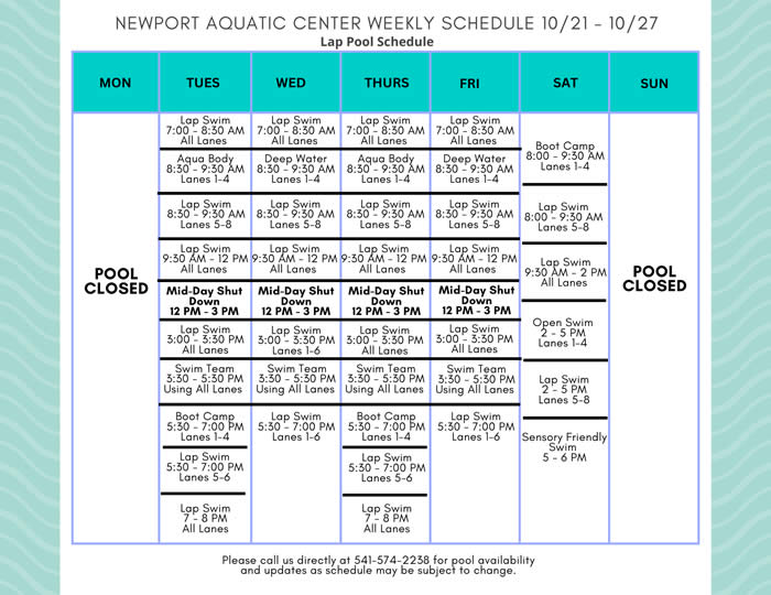 Lap Pool Weekly Schedule 10.21-10.27