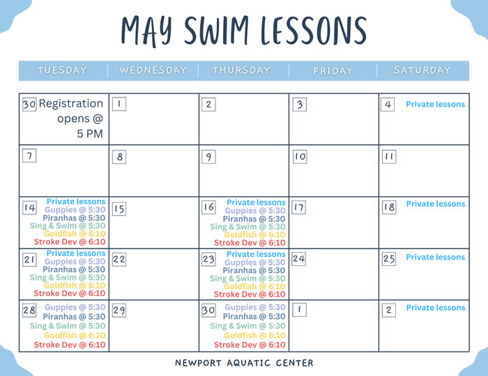May Swim Lessons Calendar