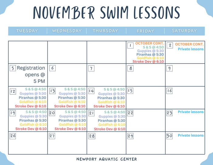 November Swim Lessons Calendar