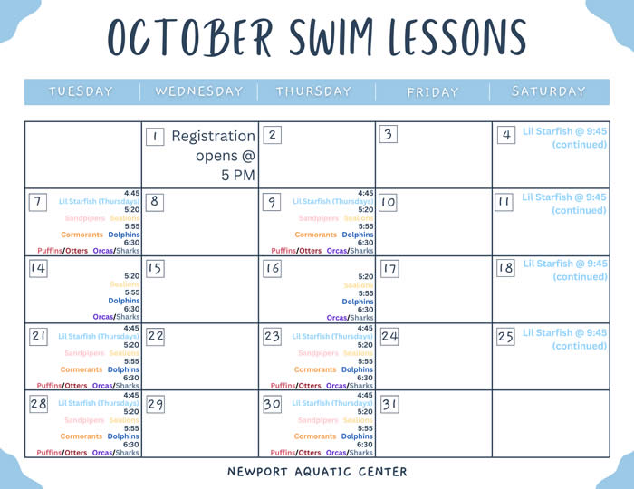 October 2025 Swim Lesson Calendar