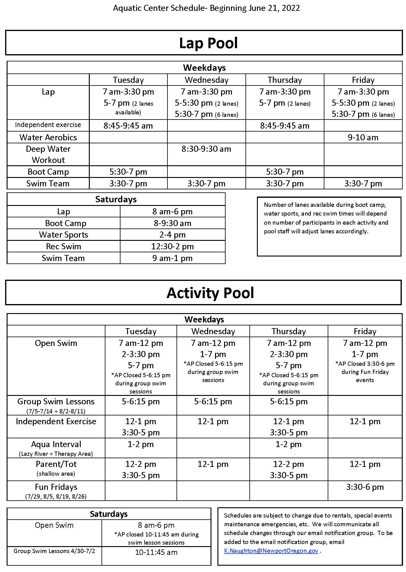 pool schedule