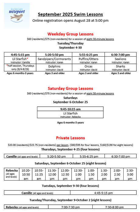 September 2025 Swim Lessons