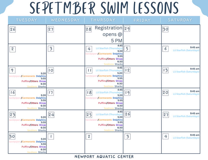 September 2025 Swim Lessons Calendar