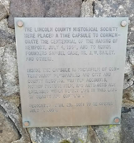 close up of a sign at the park that says the Lincoln County Historical Society places a time capsule here to be opened 2066