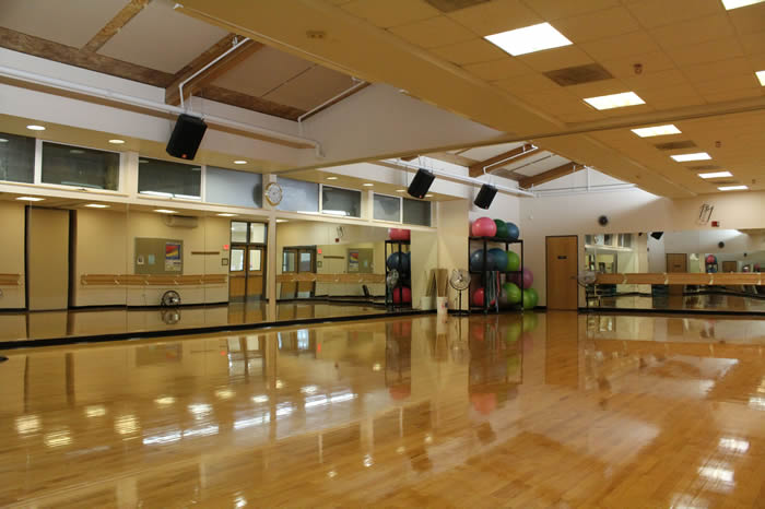 dance/aerobics room with wood floor and exercise equipment