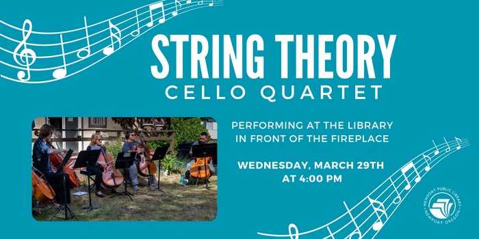 Cello quartet plays in front of the library fireplace march 29, at 4:00PM